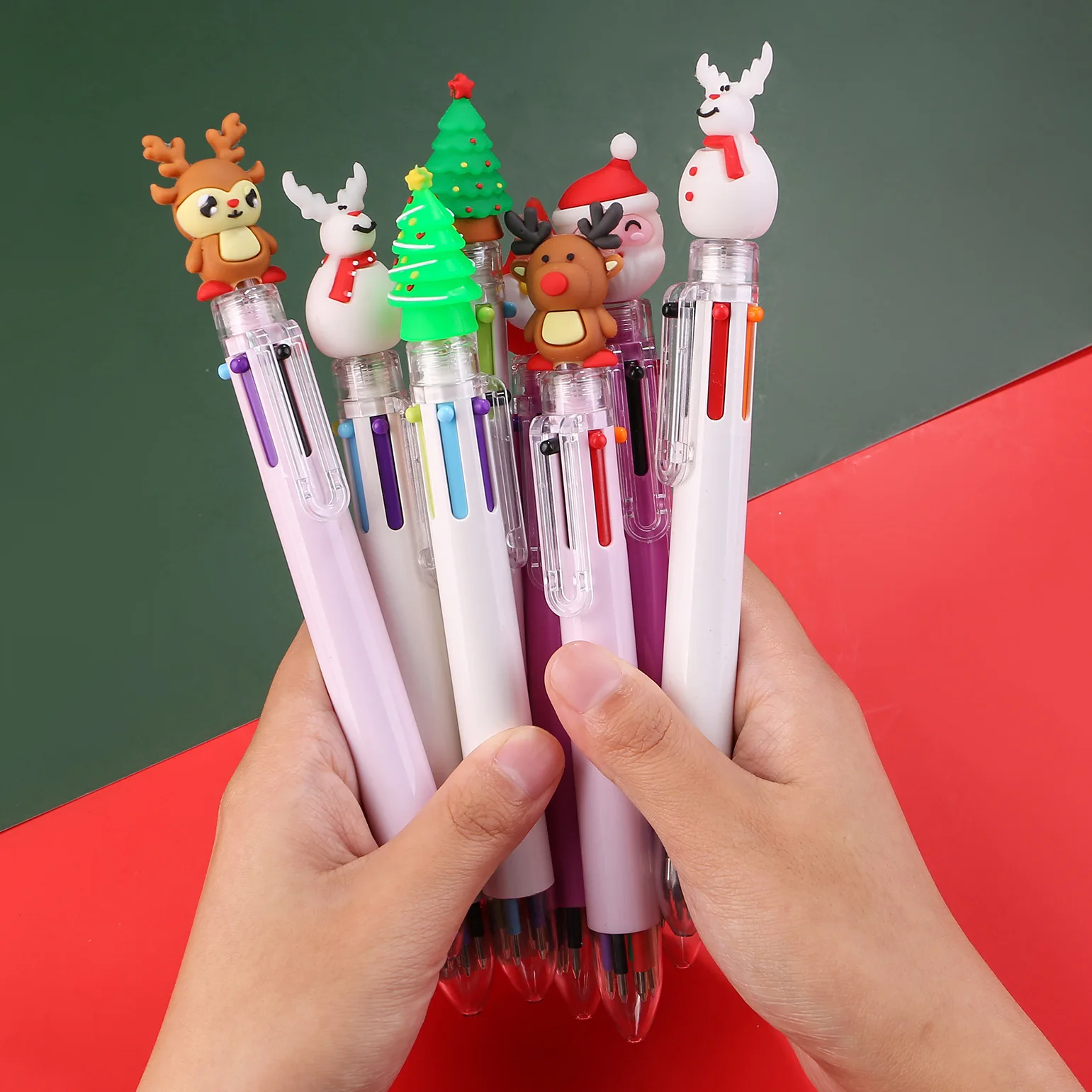 7шт Коледна 6-цветен Прибиращ Химикалка писалка с Анимационни Дядо Коледа и Лосем, Разноцветни Химикалки, Офис-Канцеларски материали, Ученически принадлежности, Подаръци Изображение 2
