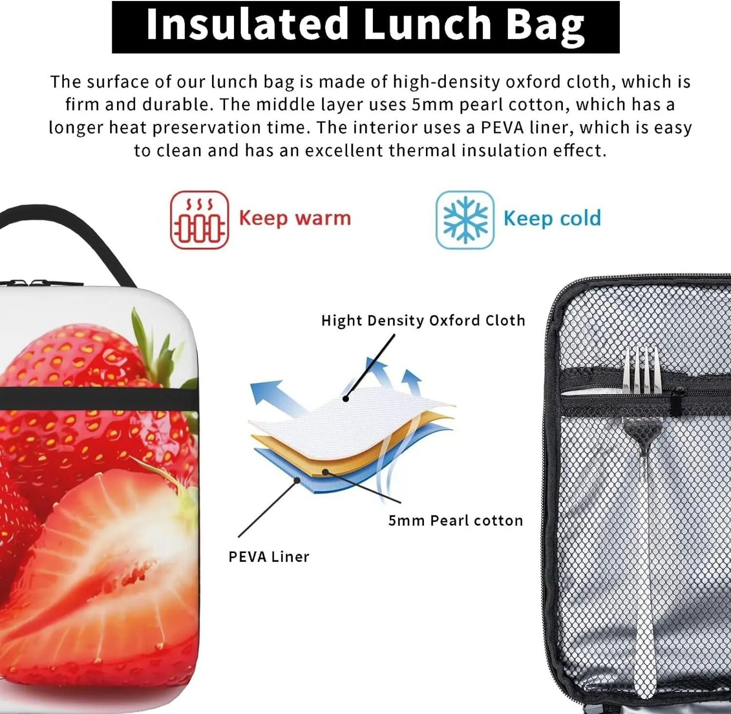 Чанта за обяд с пресни ягоди за жени и мъже, чанти за многократна употреба обяд-бокс, чанта-хладилник с частичен морски джоб за офис, пикник, къмпинг Изображение 2