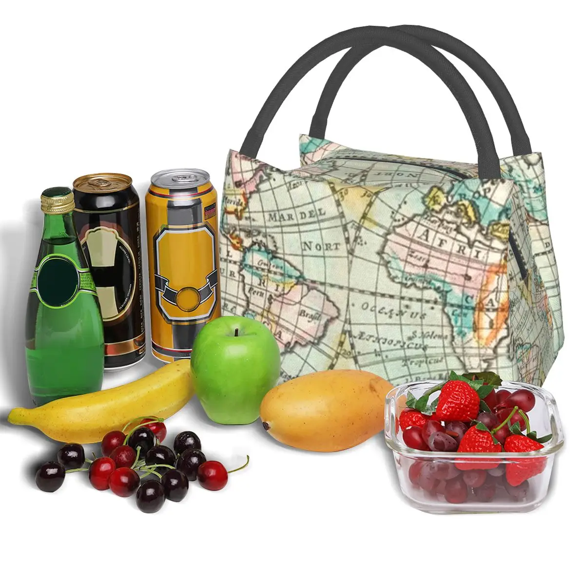 Чанта за обяд с принтом карта Земя, реколта карта на света, на обяд-бокс, преносим чанта-хладилник за пикник, Оксфордские дизайнерски термосумки за обяд Изображение 3