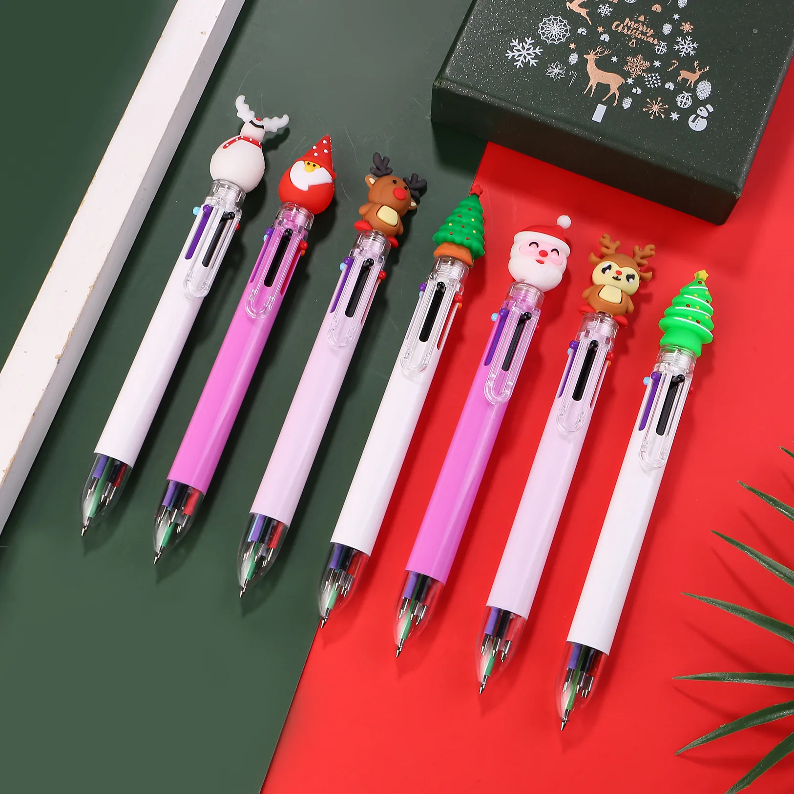 7шт Коледна 6-цветен Прибиращ Химикалка писалка с Анимационни Дядо Коледа и Лосем, Разноцветни Химикалки, Офис-Канцеларски материали, Ученически принадлежности, Подаръци Изображение 3