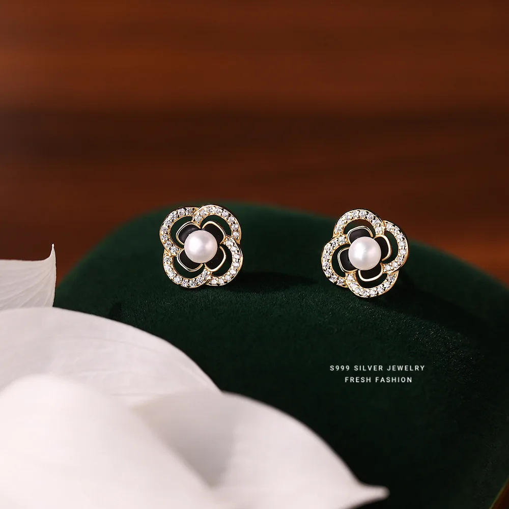 Изискани обеци от сребро S999 за жени, луксозни обеци във формата на камелия, Блестящи перлени нитове, вечерни украса Изображение 3