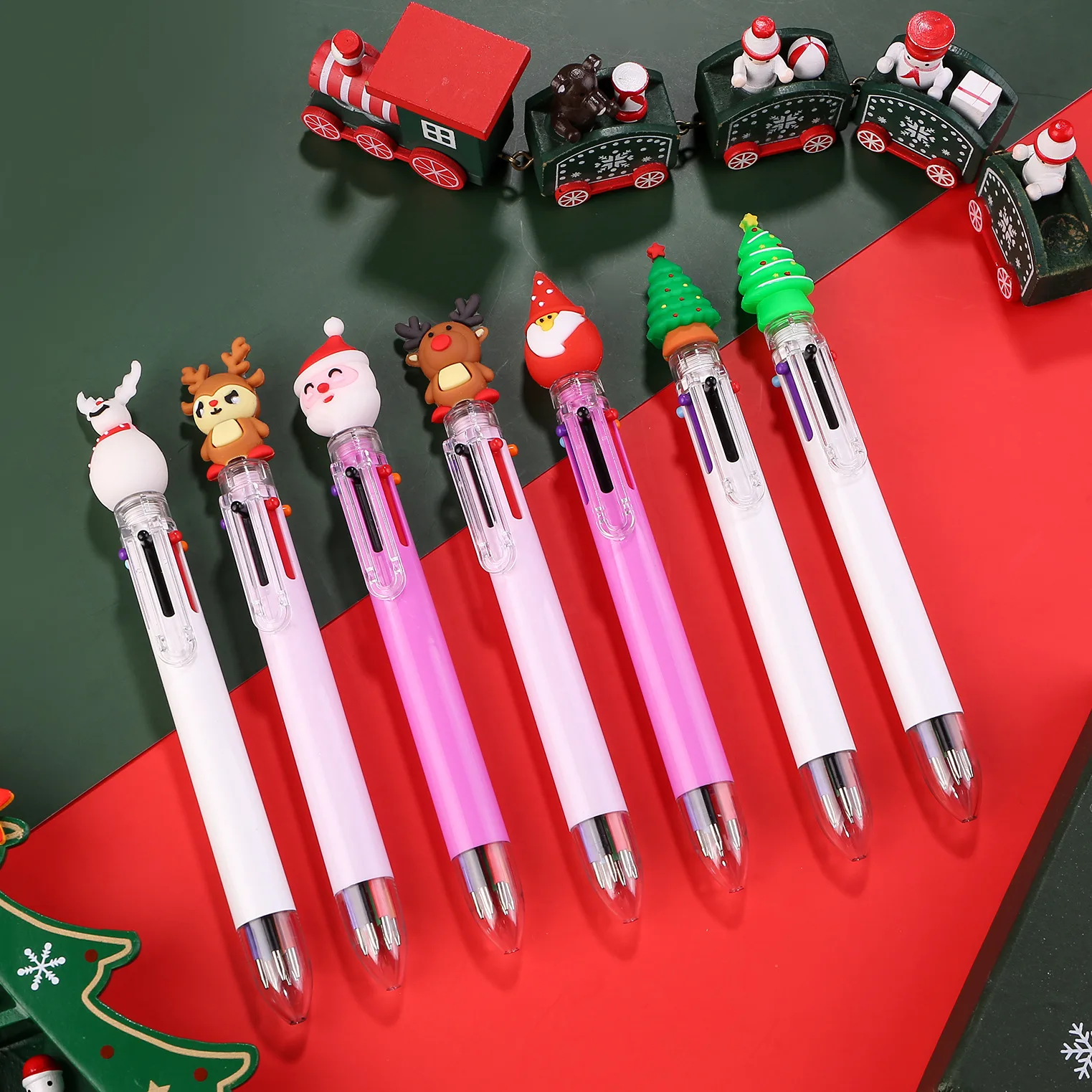 7шт Коледна 6-цветен Прибиращ Химикалка писалка с Анимационни Дядо Коледа и Лосем, Разноцветни Химикалки, Офис-Канцеларски материали, Ученически принадлежности, Подаръци Изображение 4