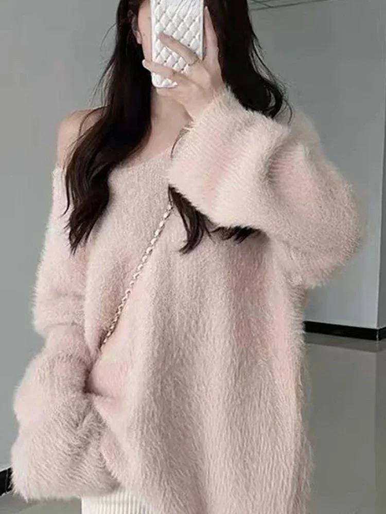 Обикновен вязаный пуловер с V-образно деколте, женски дълъг ръкав, Сладък и Елегантен Бял пуловер, женски Корейски стил, облекло Y2k 2023 Есен Изображение 4