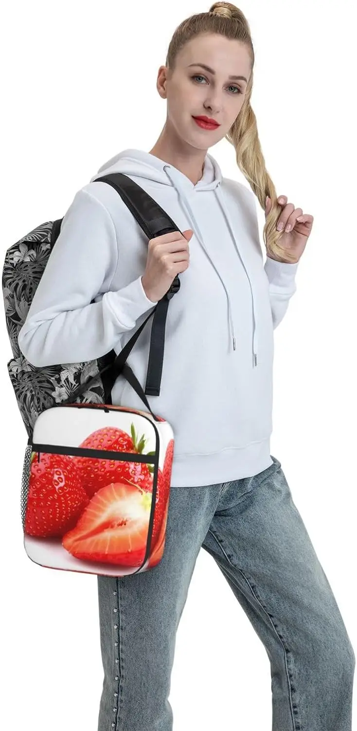 Чанта за обяд с пресни ягоди за жени и мъже, чанти за многократна употреба обяд-бокс, чанта-хладилник с частичен морски джоб за офис, пикник, къмпинг Изображение 4