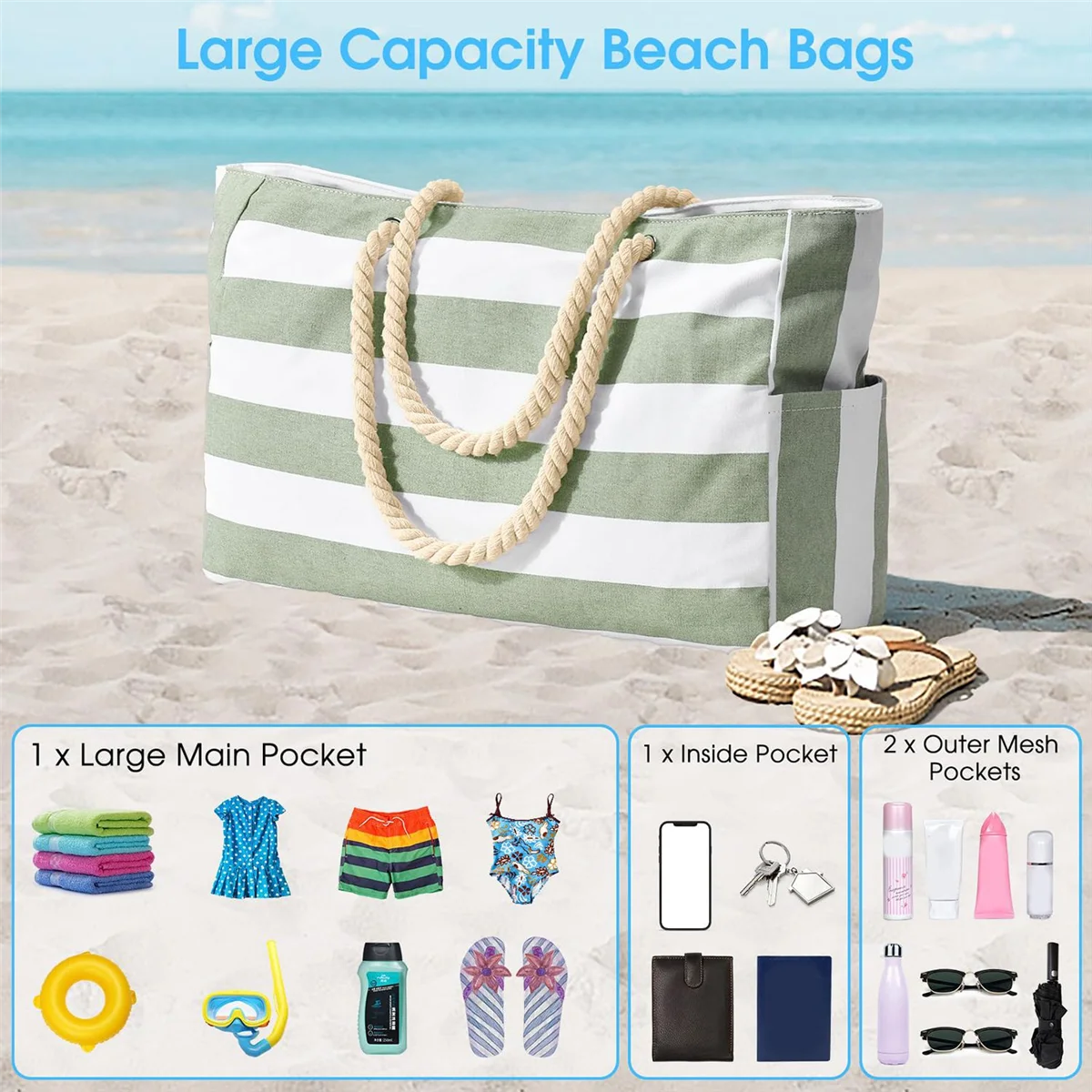 Плажна чанта, чанта за плуване, водоустойчива плажна чанта, Чанта за басейн, Плажна чанта, Пазарска чанта, Сгъваема чанта през рамо Зелена Изображение 5